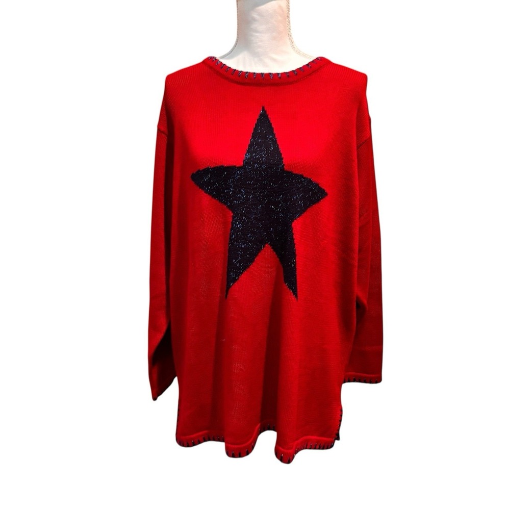 Quacker Factory Red Knit Star‎ Sweater Pullover Long Sleeve NWT Size 1X